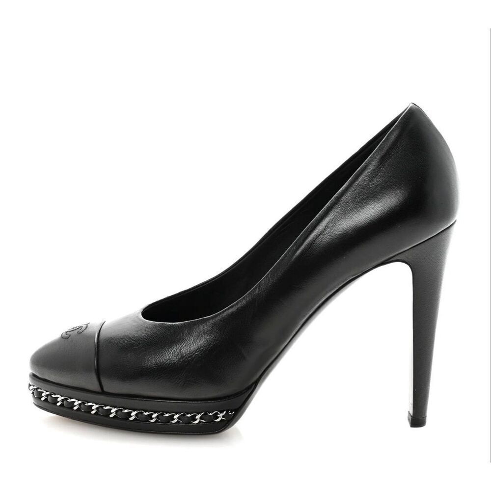 Chanel Lambskin CC Cap Toe Platform Chain Pumps size 36.5 Black